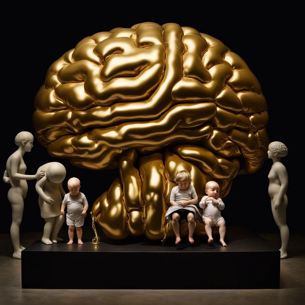 a huge golden inflated sculpture of brain supported by very small beautiful Asian female human bodies,complex surgical instruments,a newborn boy between light and shadow, black background,surrealism, symbolism, minimalism, sculpture by Lucian Freud, Rene Magritte, Salvador Dali