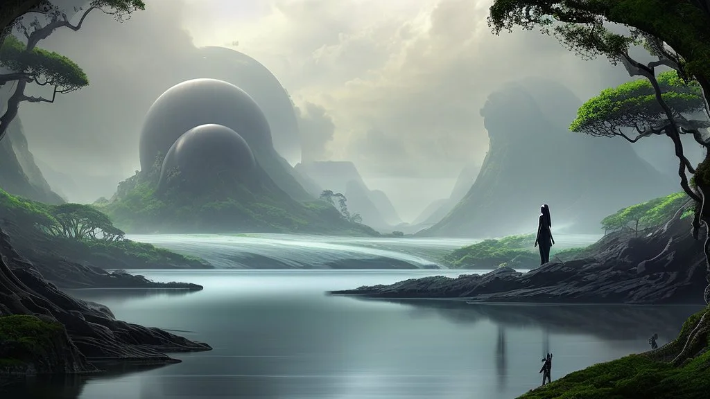 Detailed matte painting of a wide-angle shot of a woman, standing on the left side of the shot, with dark hair in a silver robotic catsuit, many large floating jellyfish with octopus tentacles, alien jungle trees in the distance, with an alien beach and lake