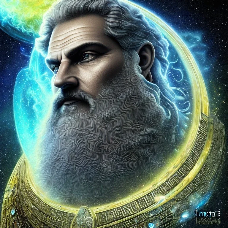 photo realistic, symetrical, centered, ultra detailed, digital art, in center is a portrait of highly detailed greek colossus god zeus surrounded by quantum galaxy codes seeking knowledge, gray beard, crown filled with crystals, detailed face with human skin color, eyes filled with galaxy, dominating colors = gray light blue and dark gold, lightning, smoke,