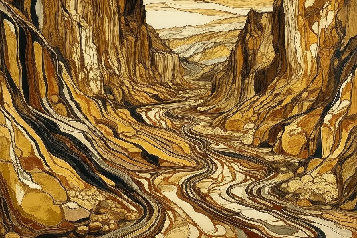 A brown canyon with an underground mine designed in Chinese paper art painted by Jackson Pollock