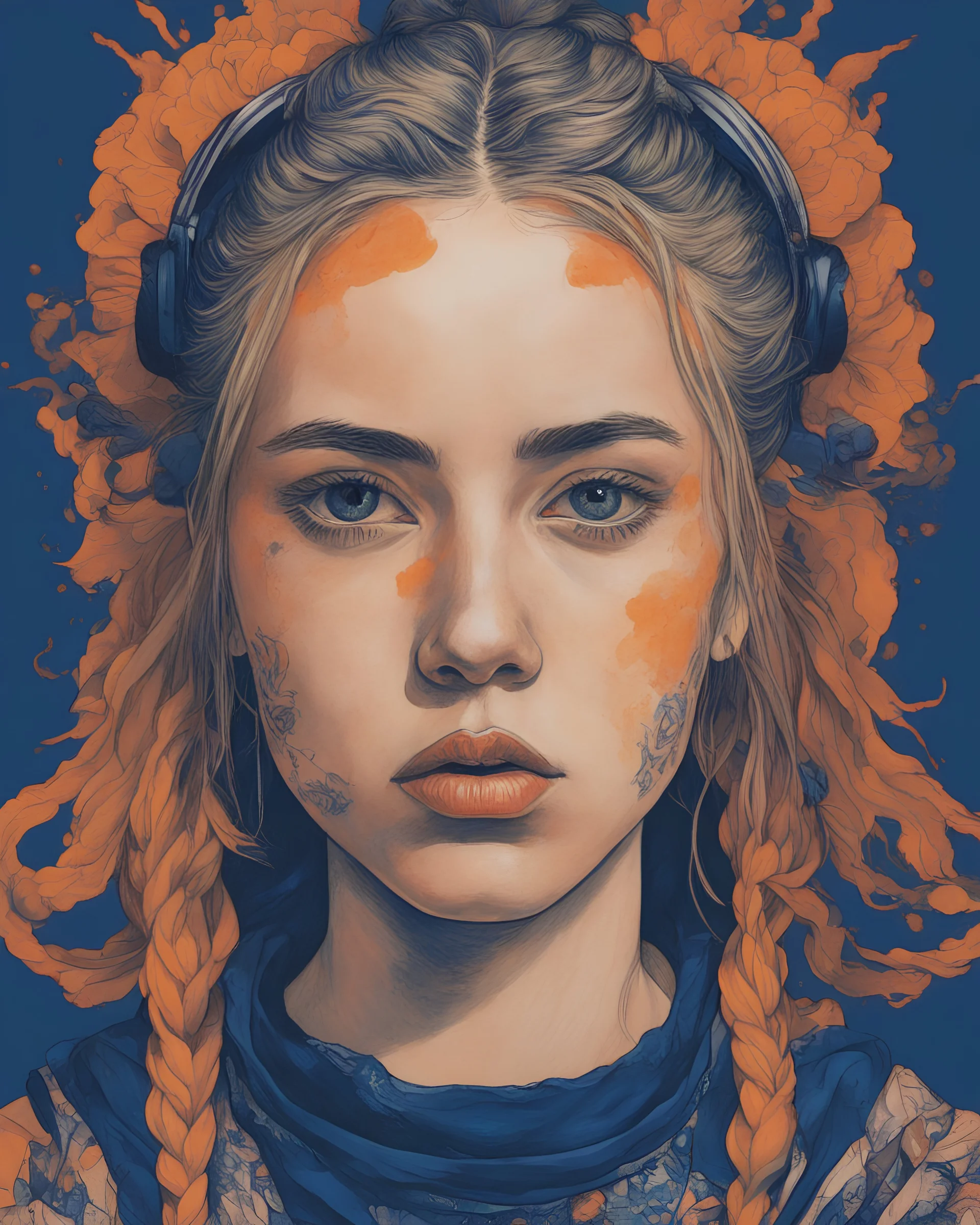 A beautiful portrait of a Singer Danish MØ face, painting by Katsushika Hokusai, beautiful cyberpunk, symmetry, hyperdetailed, darkblue and orange tones,