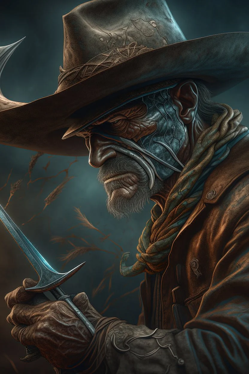 Bosch nightmares painting style Title: " cowboy holding knife towards you “ insanely detailed octane render trending on artstation, 8k artistic photography, photorealistic concept art, soft natural volumetric cinematic perfect light, chiaroscuro, award-winning photograph, masterpiece, oil on canvas, Raphael, Caravaggio, Greg Rutkowski, people, beksinski, Giger