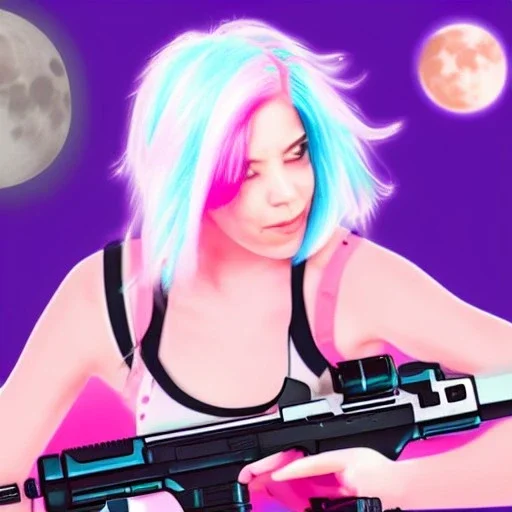 cute cyborg, white and pink hair, with a laset gun, under an alien moon, misty, realistic,