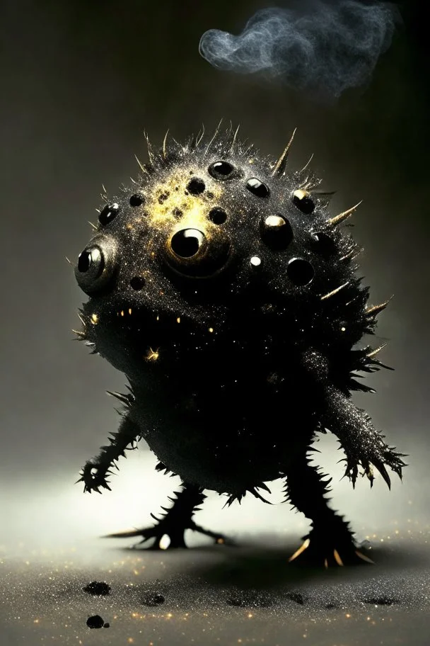 Solid spherical creature, four black eyes, very small mouth, lighting body, The creature is iron, without dots, wearing worrier shoes, smoke from the head, high details, stunning realistic photograph