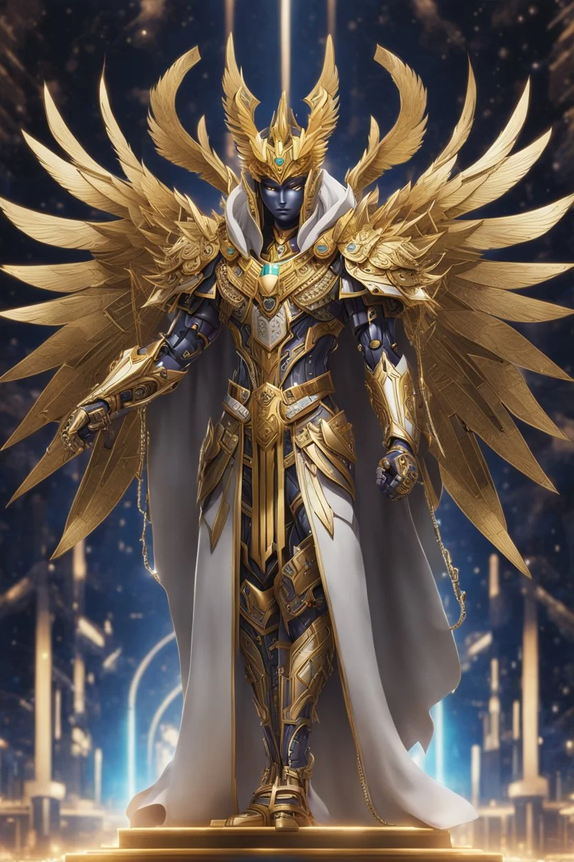 Full body god pharaoh void with Multiarms, hoodie, cover face, crystal Slogan , crystals arm, galaxy face, solo leveling shadow artstyle , high details, intricate details, highly detailed Man Angel cyborg straddle wings, using traditional armor,detailed, intricate,gears cogs cables wires circuits, gold silver chrome copper