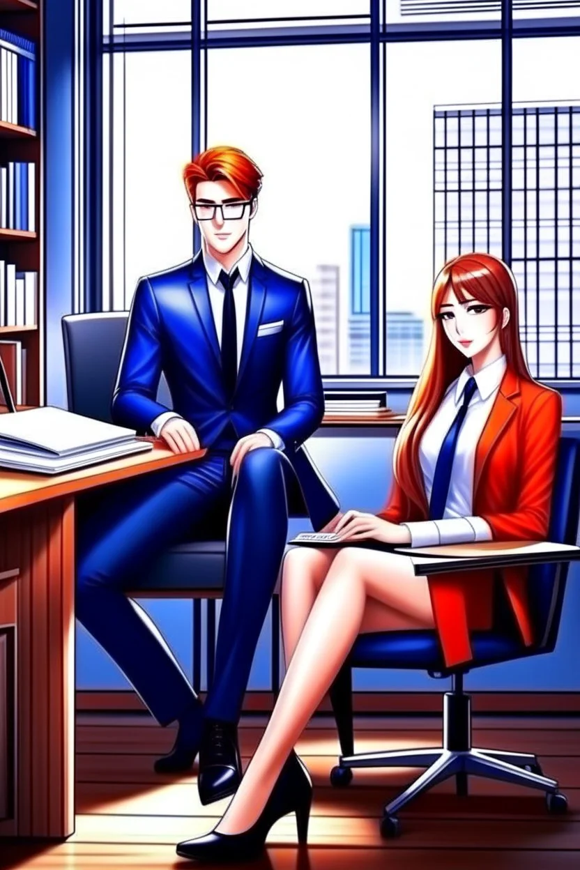 create a wattpad cover of a handsome boss and a beautiful secretary, hd, ultra realistic, aesthetic, manhwa style, the handsome boss sitting on the chair with table and besides the beautiful secretary