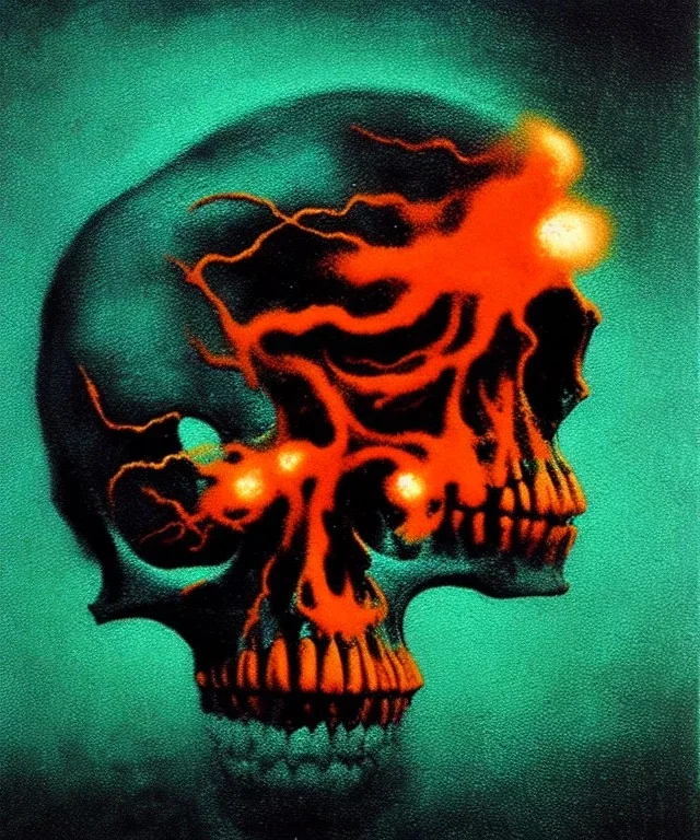 broken realistic skull. black background. smoke and explode. particles in air. teal and orange. abstract. beksinski.