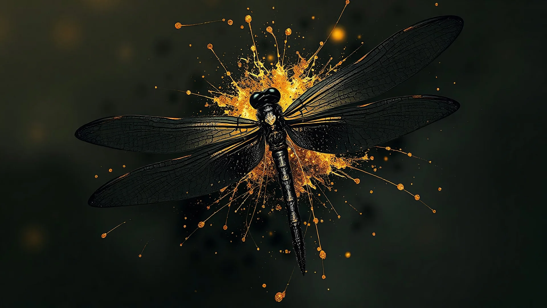 enigmatic dragonfly in the style of Bernie Wrightson, minimalism abstract black and gold, geometric surreal beautiful fashion portrait explosion splash art minimalist surreal ambient background surreal lonely depth deep soul spirit fantasy surreal geometry cinematic 8k epic movie still sharp focus hyperrealism painting concept art detailed character design matte painting leaf