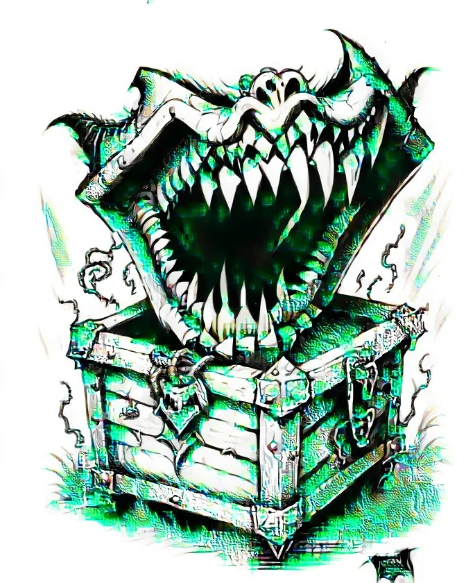 mimic treasure chest with teeth rpg art black and white sketch