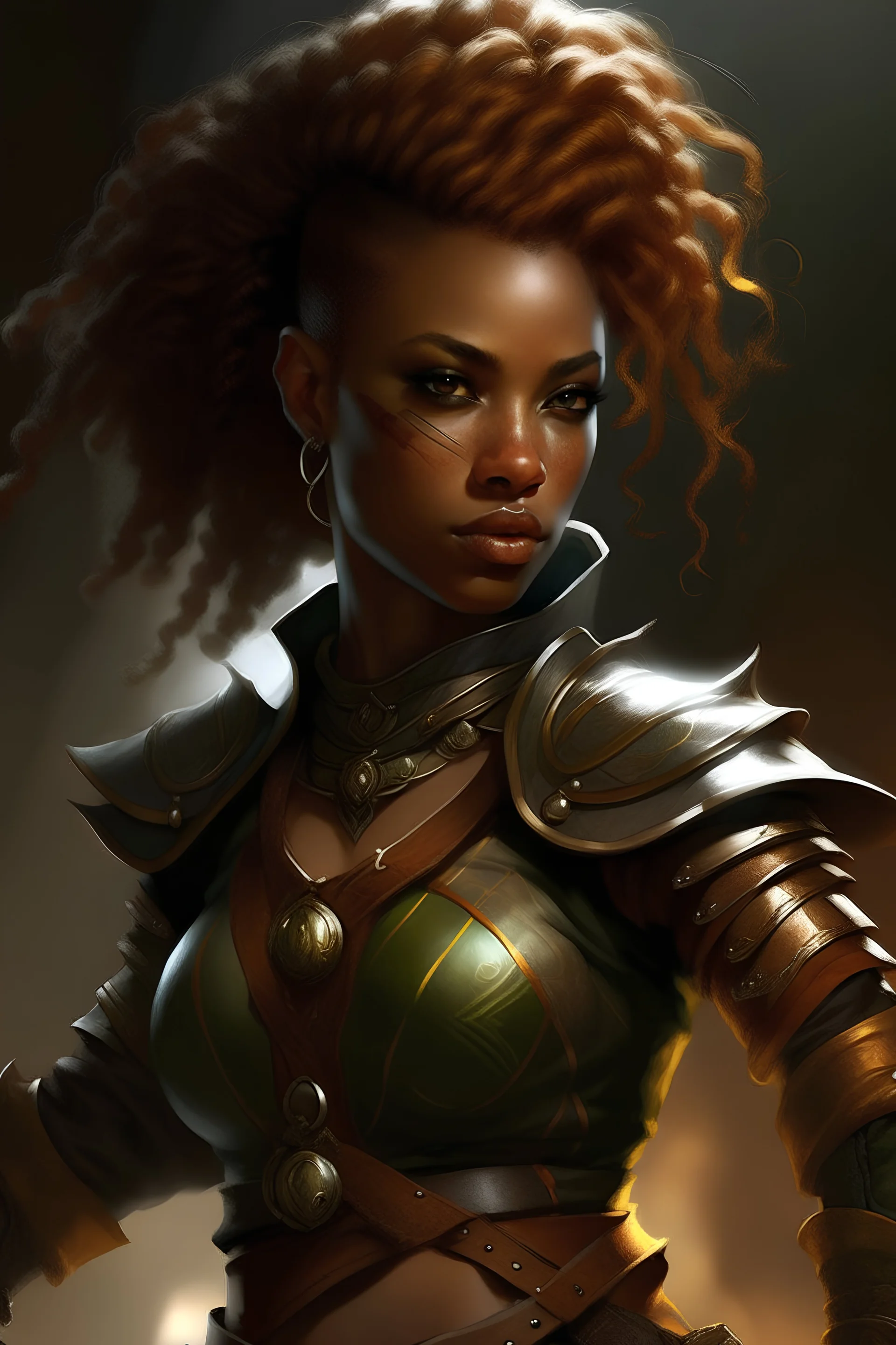Female air genasi from dungeons and dragons, ranger, wind like hair, wearing hot leather clothing that also looks studded, woman of color, realistic, digital art, high resolution, strong lighting