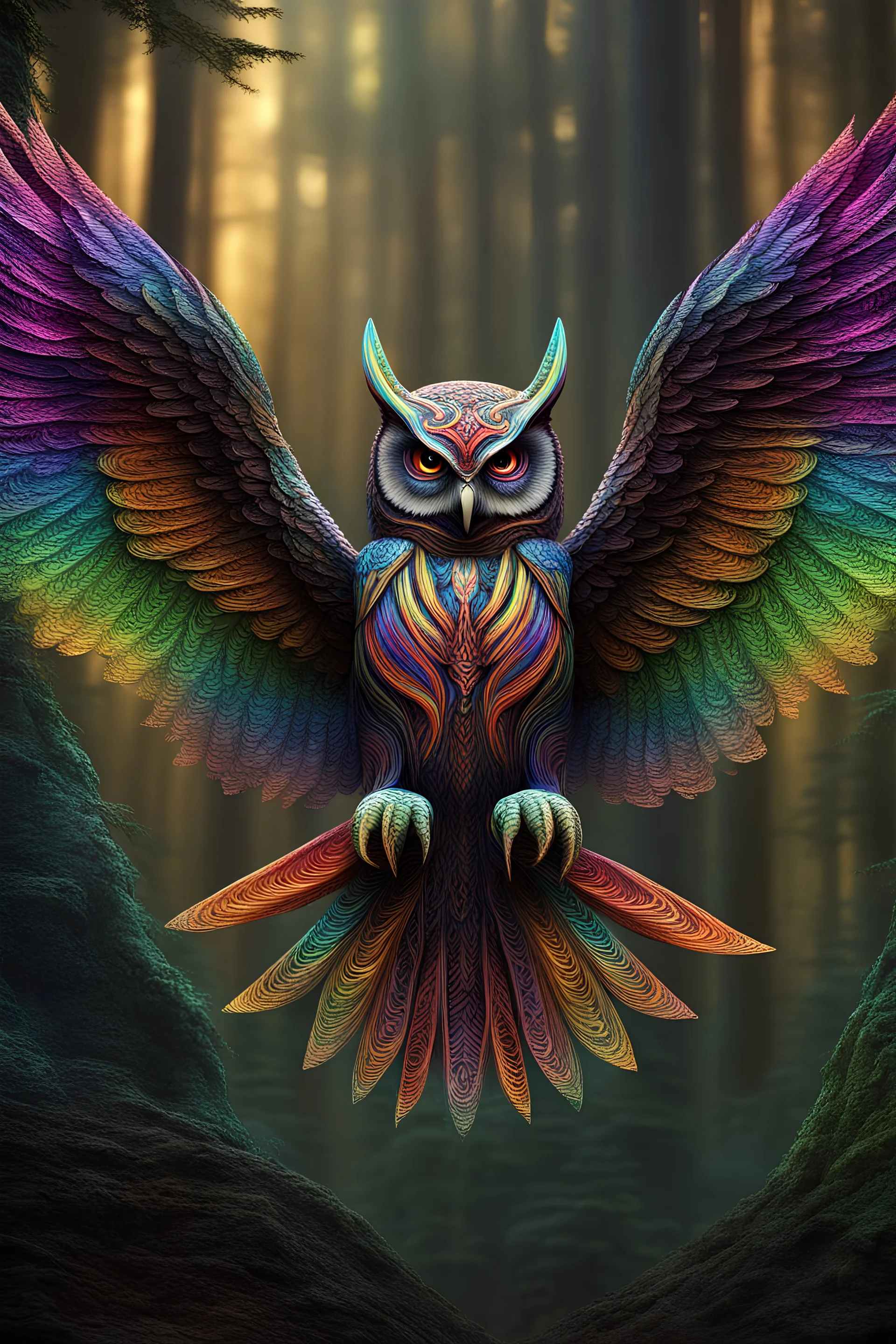 3d rainbow flying owl, mystical, full image, with vivid detailed amazing eyes, brighr fractal colors, hyperdetailed, h.r. giger, egyptian, fantasy, Metaphorical Realism, electric feathered effect Abstract line art, deep cut 3D effect, in an enchanted forest