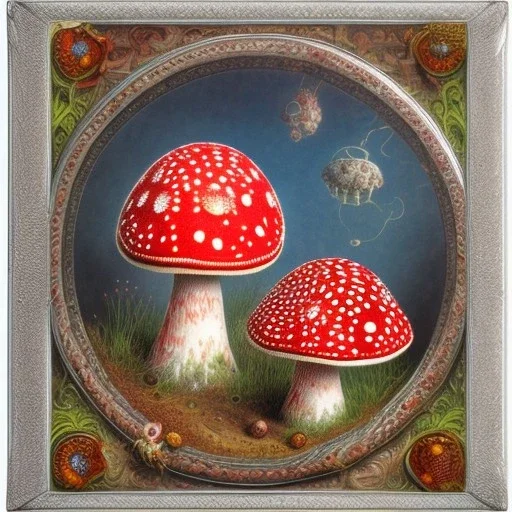 Red large Amanita muscaria mushrooms in a silver basket , Patchwork art