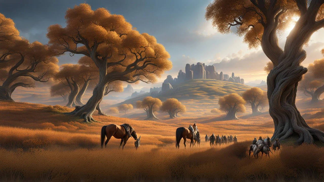 An endless steppe. hills to the right. The hills is densely covered in ancient white oaks. a distant band of riders and wagons. fantasy concept art, exquisite realism, a masterpiece, dynamic lighting, hyperdetailed, intricately detailed, deep color, Unreal Engine, volumetric lighting , Epic cinematic brilliant stunning intricate meticulously detailed dramatic atmospheric maximal,