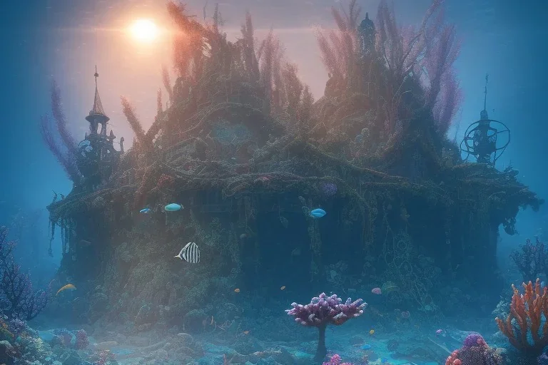 an ancient sunken temple structure, overgrown, mystical underwater shot, colorful coral reef, filtered diffraction lighting, fantasy digital art, trending on artstation