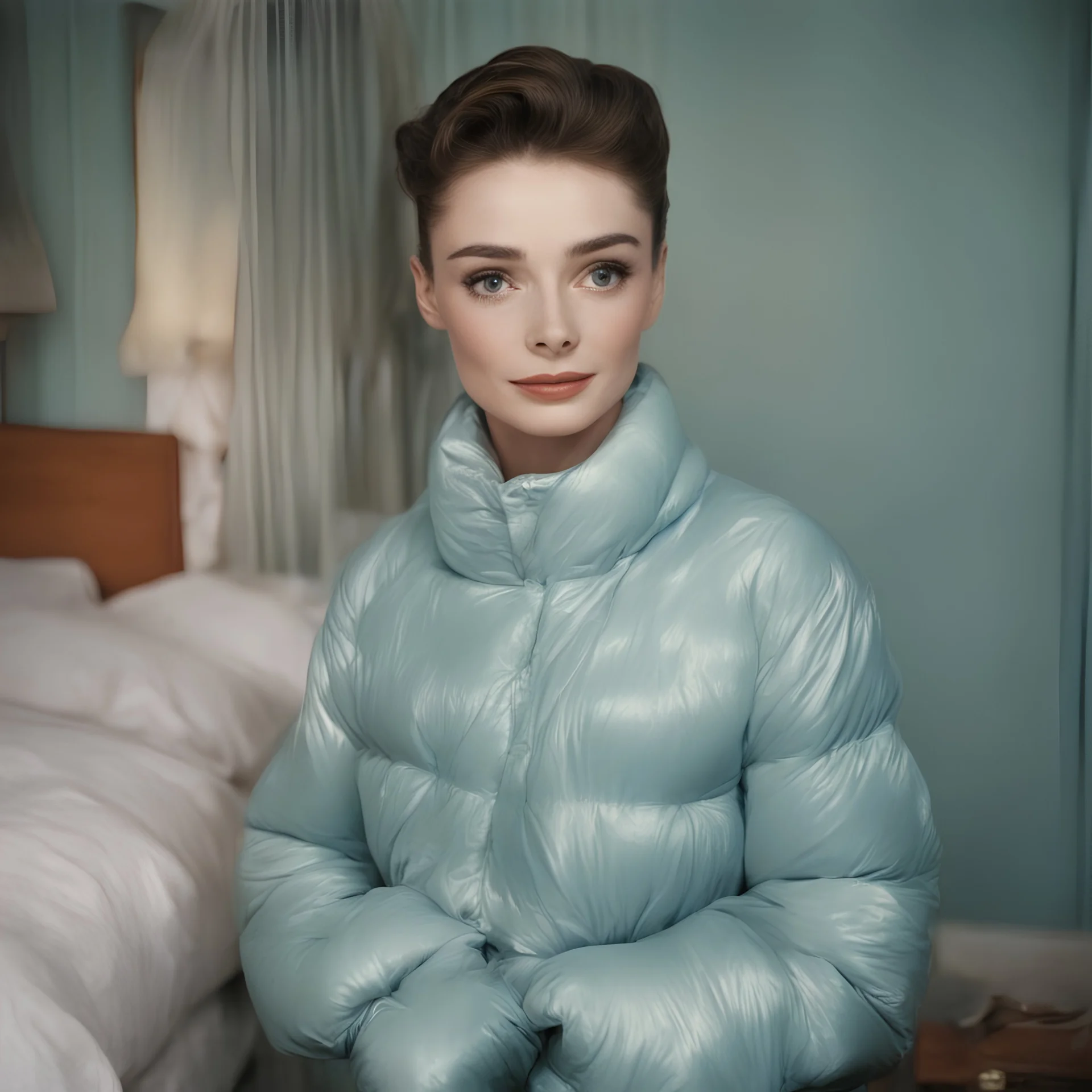 Actress audrey hepburn, blue, autochrome, plastic puffy jacket, in a bedroom