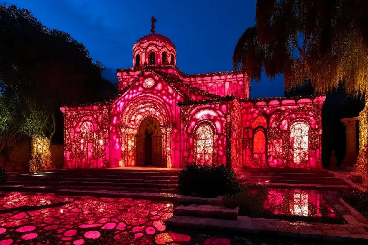 A pink light glowing monastery designed in ancient Greek mosaics painted by Jackson Pollock