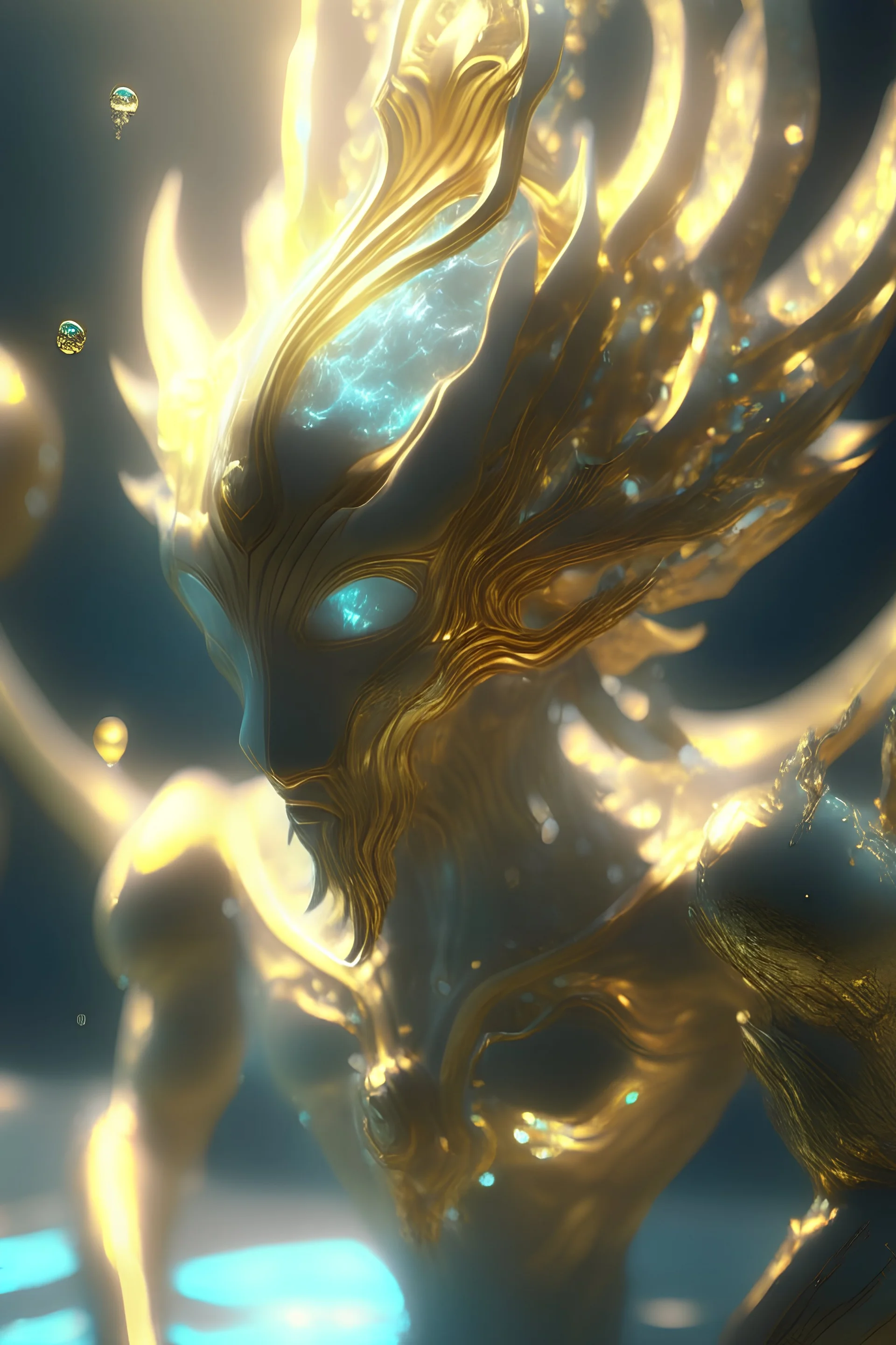 Aquatic elemental gold alien, God light, god rays, 4k resolution, smooth details, ornate details, unreal engine 5