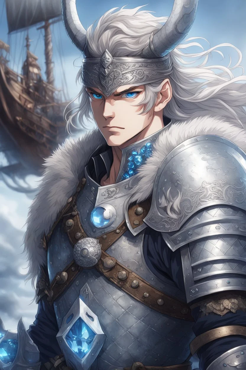 warrior in anime style, with blue eyes wearing silver Vikings armor with a blue crystal on his chest with a battle axe on the pirate ship, anime, anime style