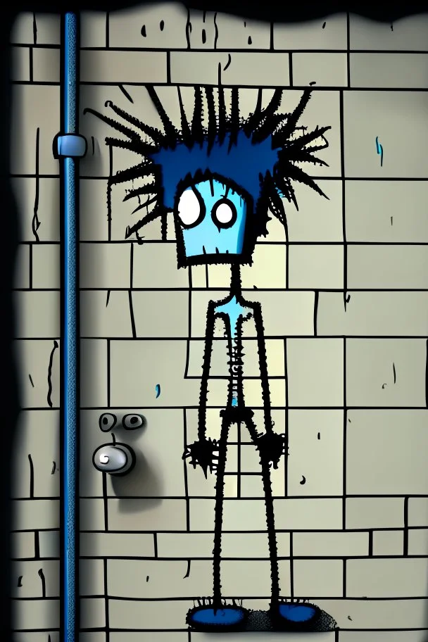 2d drawing of a stickman, cool with punk hair, x eyes like in hangman, no shirt and only dressed in a shower towel,leaning against a wall with one arm on wall,3d realistic in colour