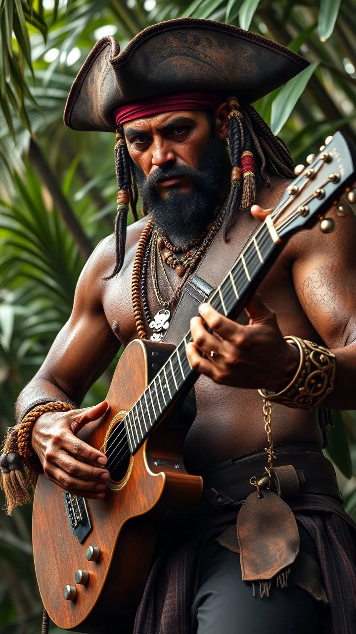 ultra HD shot of a strong pirate of the Caribbean man playing the guitar , textured copper skin, tribal jewelry, large, Background of the figure in a jungle environment.