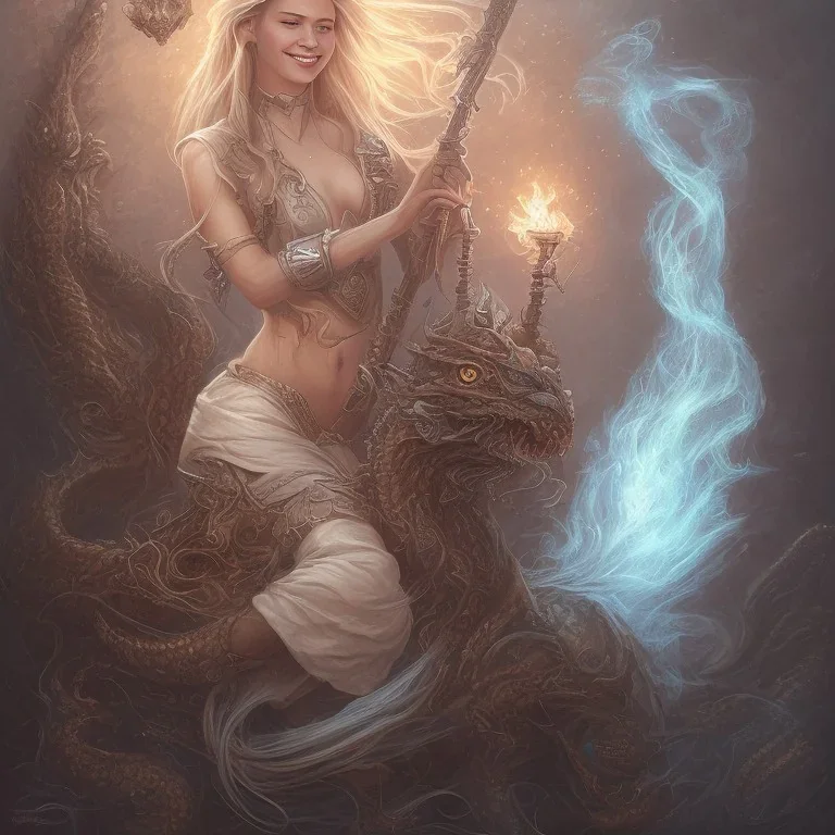 A smiling witch with a beautiful face and full and detailed details performing magic of water, fire, wind and earth with a wooden wand and a shining crystal fighting with big and beautiful dragons flying in an azure sky, with full details, Ismailoglu Post-apocalyptic, fantasy, fantasy,16k, by Greg Rutkowski,Sung Choi, Mitchell Mohrhauser, Maciej Kuciara, Johnson Ting,Maxim Verehin,Peter Konig, 8k photorealistic, cinematic lighting, HD,high details, dramatic, atmospheric,trending on artstation