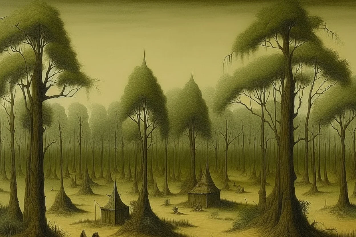 An olive green forest with tribal huts painted by Caspar David Friedrich