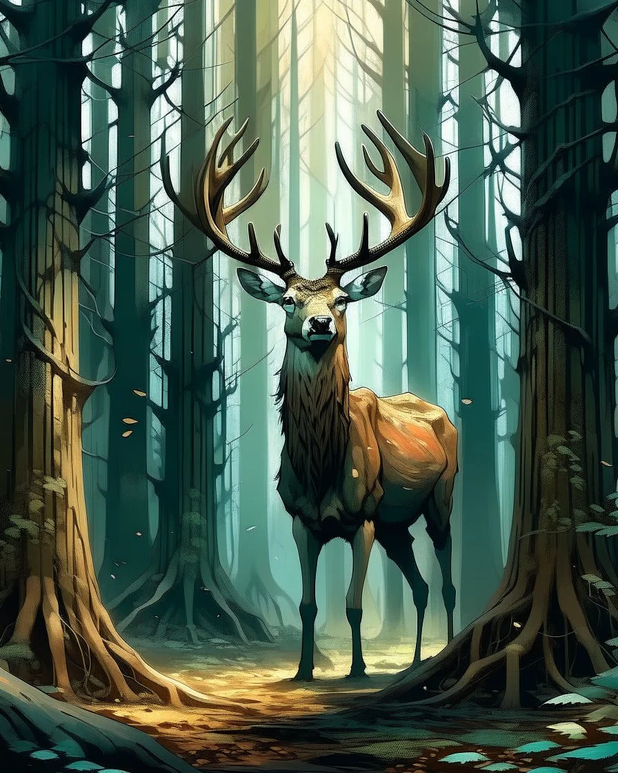 deer with antlers standing looking at viewer, patronus, among tall tree trunks