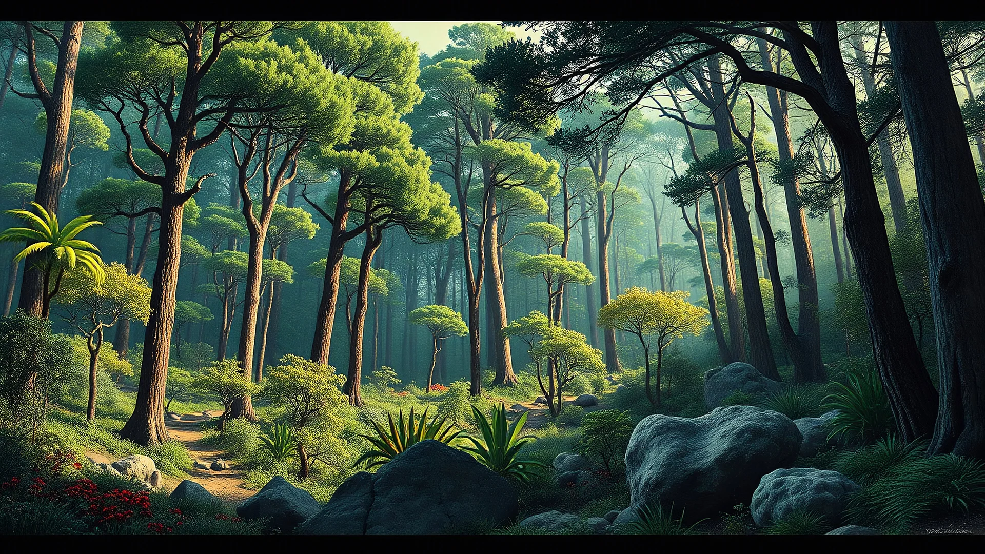 prehistoric green forest full of Lepidodendron Carboniferous Plants and fossils, by Chesley Bonestell, paleontology, paleo art, movie poster, happy colors,