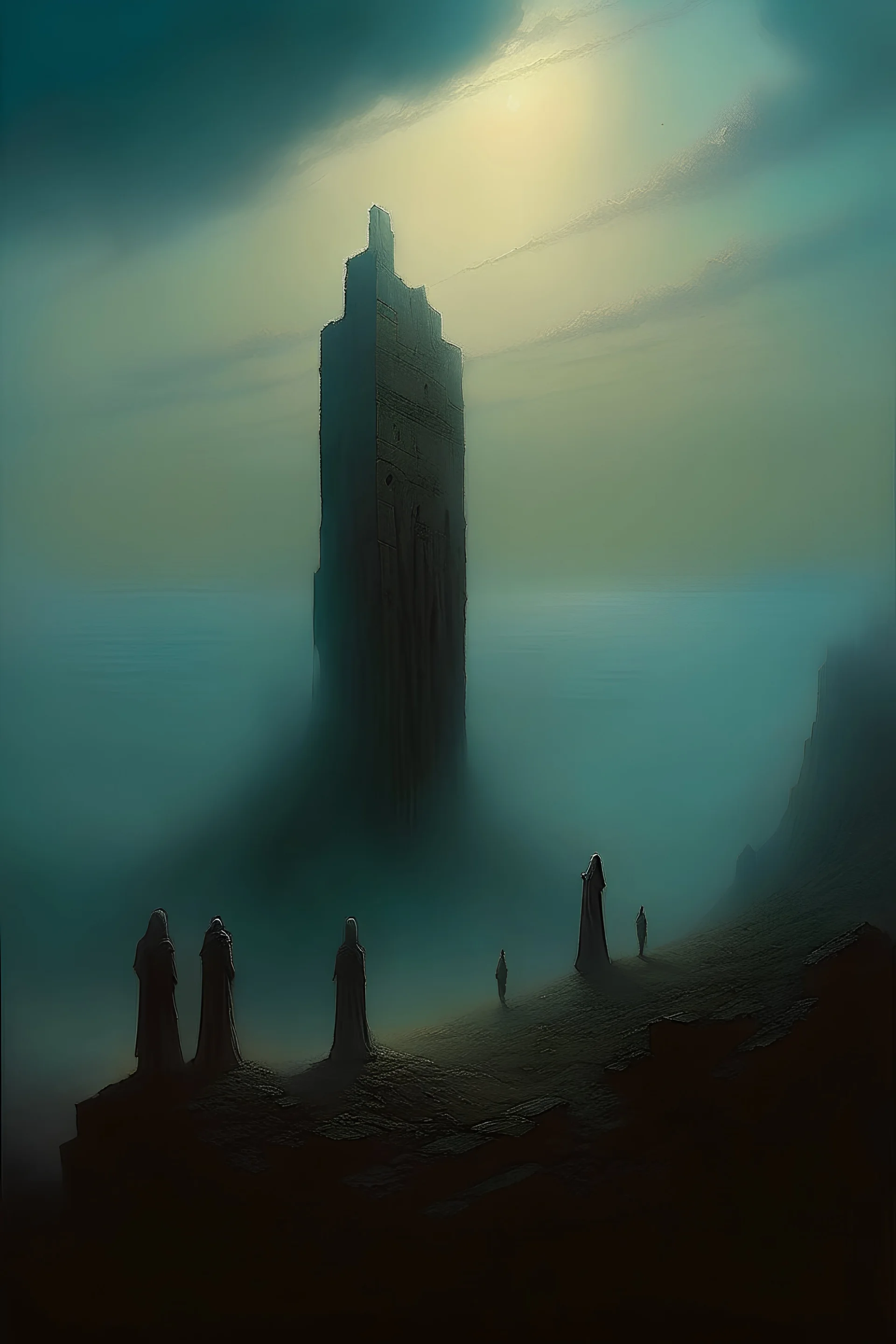 A silent monolith descending from the sky,pointing down at ancient ruins,flock of robed cultists praying,deep shadows, cinematic lighting,in the style of Zvidslav Beksinski, ominous fog in distance