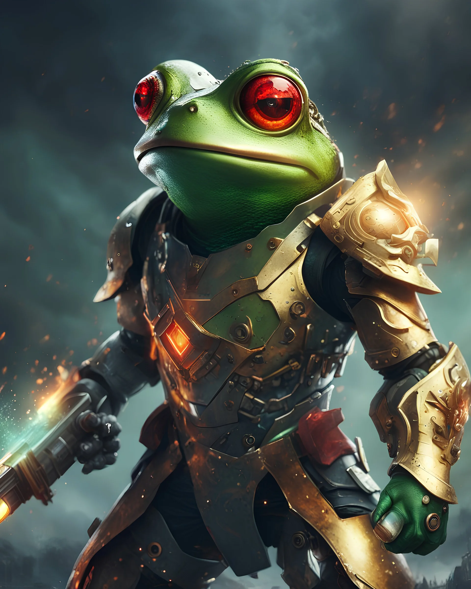 Frog Green Soldier Portrait Glow big red eye Gold Armor Robotic lightning Gun Silver Smoke Dust 16k details epic future water nice warrior furious sword