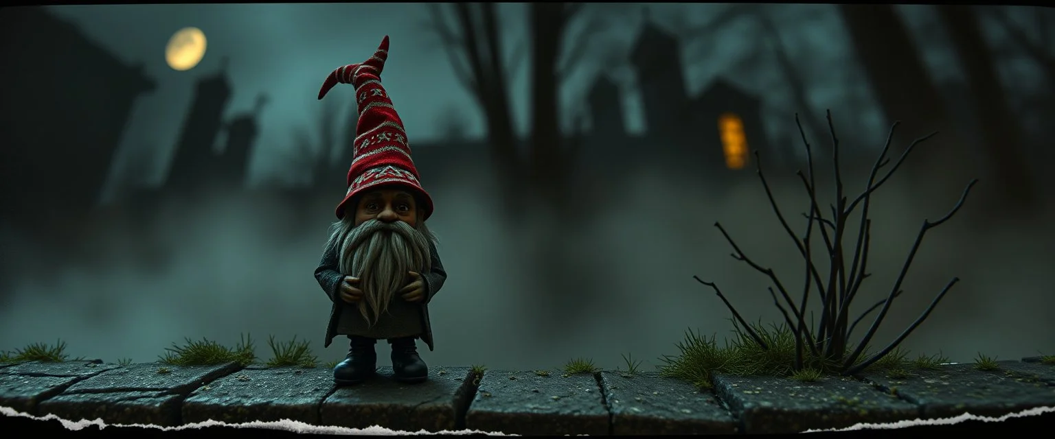 style John Atkinson Grimshaw,3d airbrush render, darkling slender gnome , pinhole cam, airbrush 3d rendering, torn edges on border
