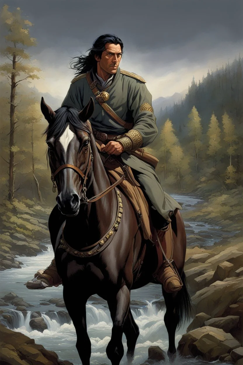 A 40 year old mercenary in a battle jacket and travelers cloth. He is riding a dark gray horse. He is tall, slim, has a sharply cut face. black hair, short ponytail on the top of his head. Perfect face. Perfect eyes. Perfect hands. Perfect feets. fantasy setting. A river ford in a wood. Style of Michael Whelan