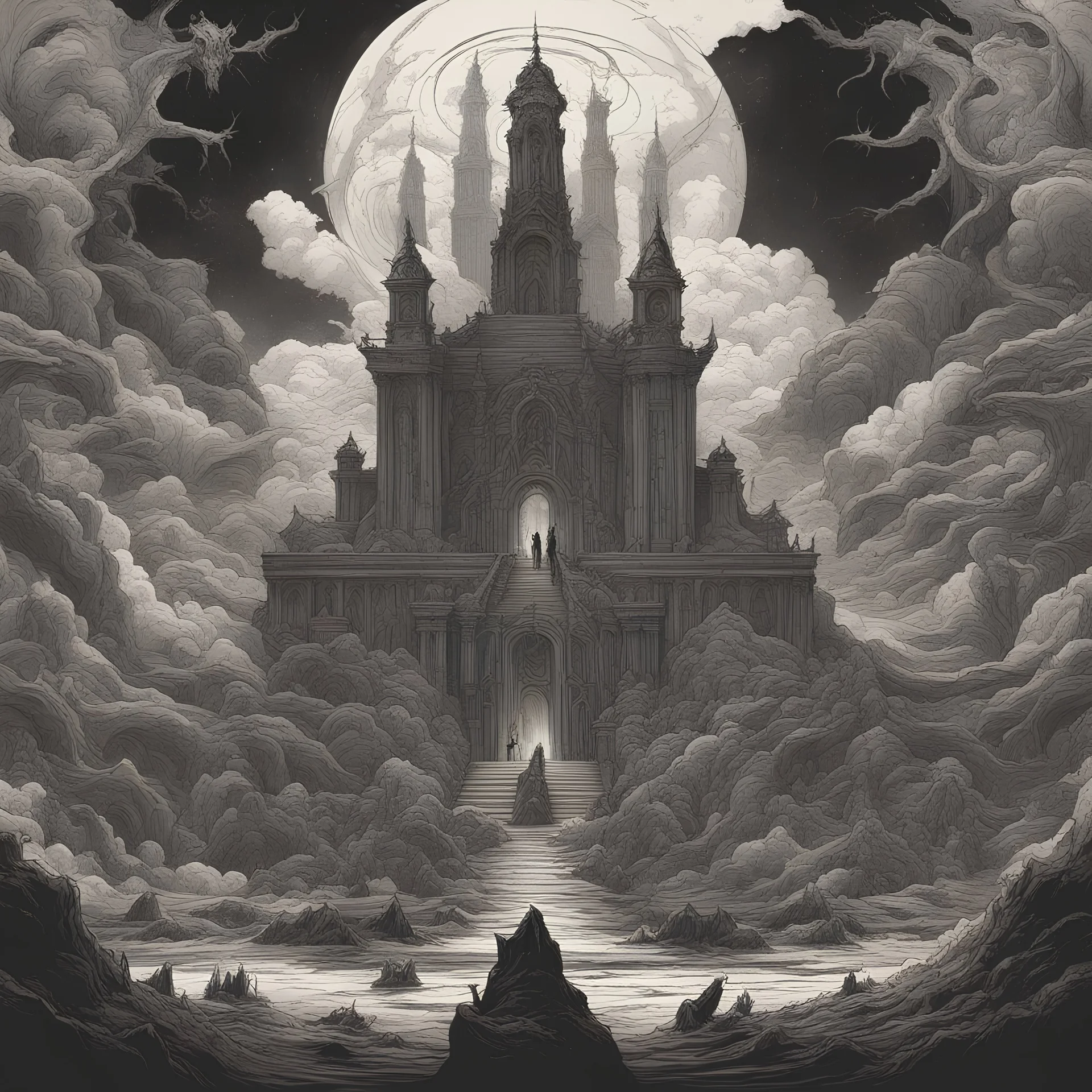 Generate a visually striking artwork that depicts ominous domains drawing inspiration from dark mythology and biblical references. Incorporate elements of chaos, destruction, and a foreboding atmosphere.