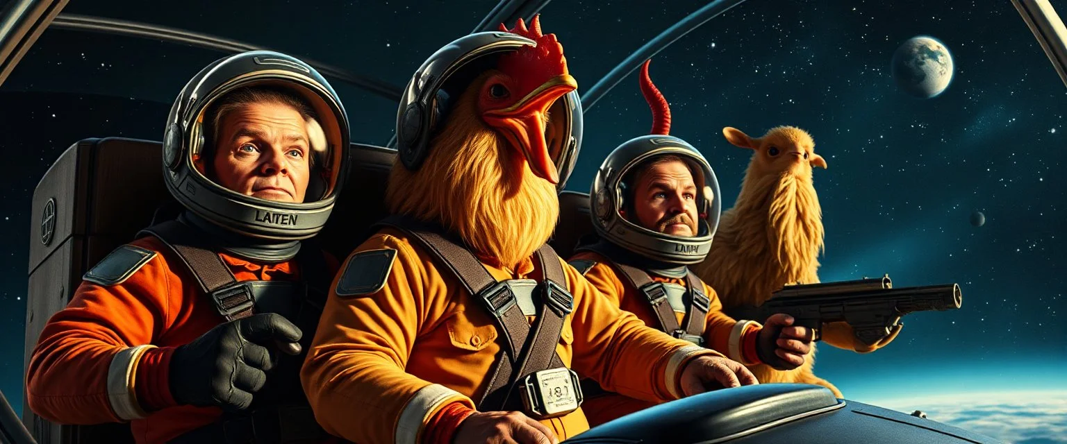 movie poster, soap opera, cowboy astronauts in a spaceship , space alien Abominable Yeti Abyssal Chicken