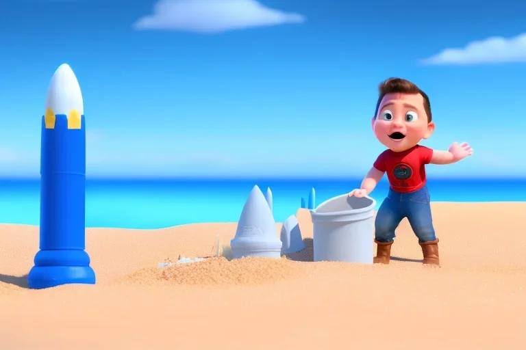 Toddler Elon Musk building a tall skinny space rocket sandcastle on the beach, Blue shovel, plastic bucket, sunglass