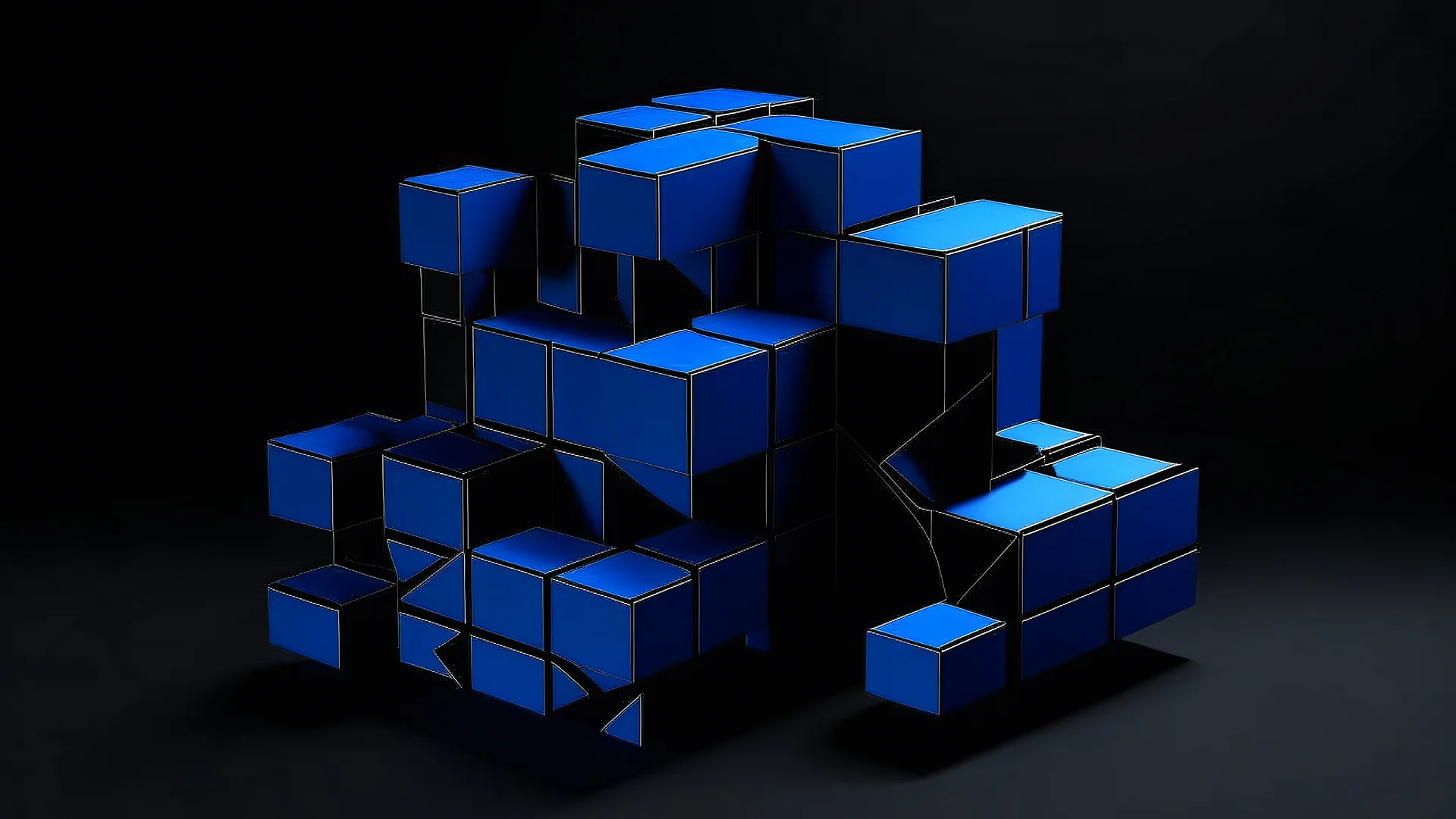Estructura geométrica modular de bloques entrelazados de color plano saturado en negro mate y azul oscuro, estilo Reinhardt, con una grieta estrecha revelando una constelación estelar en color, técnica de color plano saturado