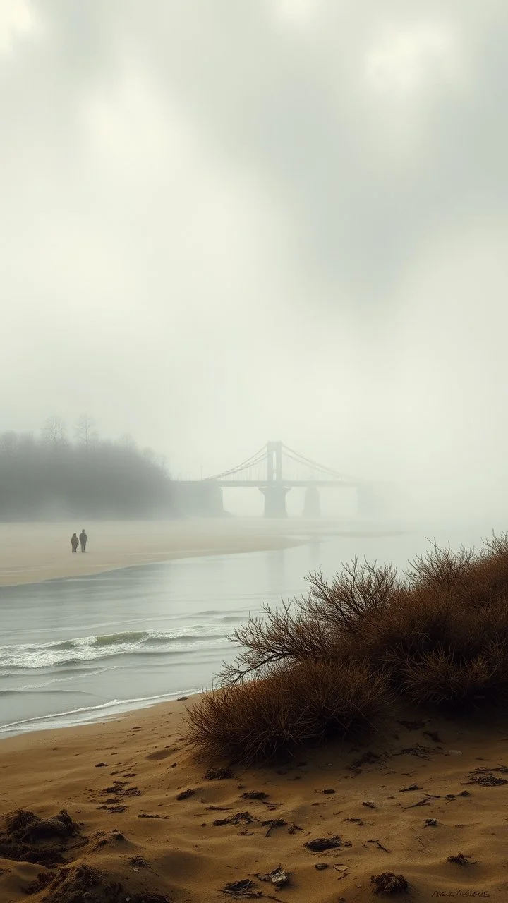 By Sergiо. Style by Greg Rudkowski. Thick white milky dense fog on a deserted beach with lonely bushes.flooded raged water . 2 women and a child In the stormy wether in the water a bridge is falling in the river Bruegel painting style