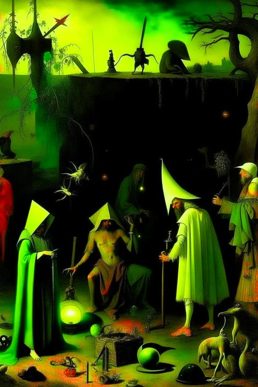 some mysterious figures, odd background, cinematic, Hieronymus Bosch, Max Ernst, vegetal life, rotten, ambient light, cry, ritual