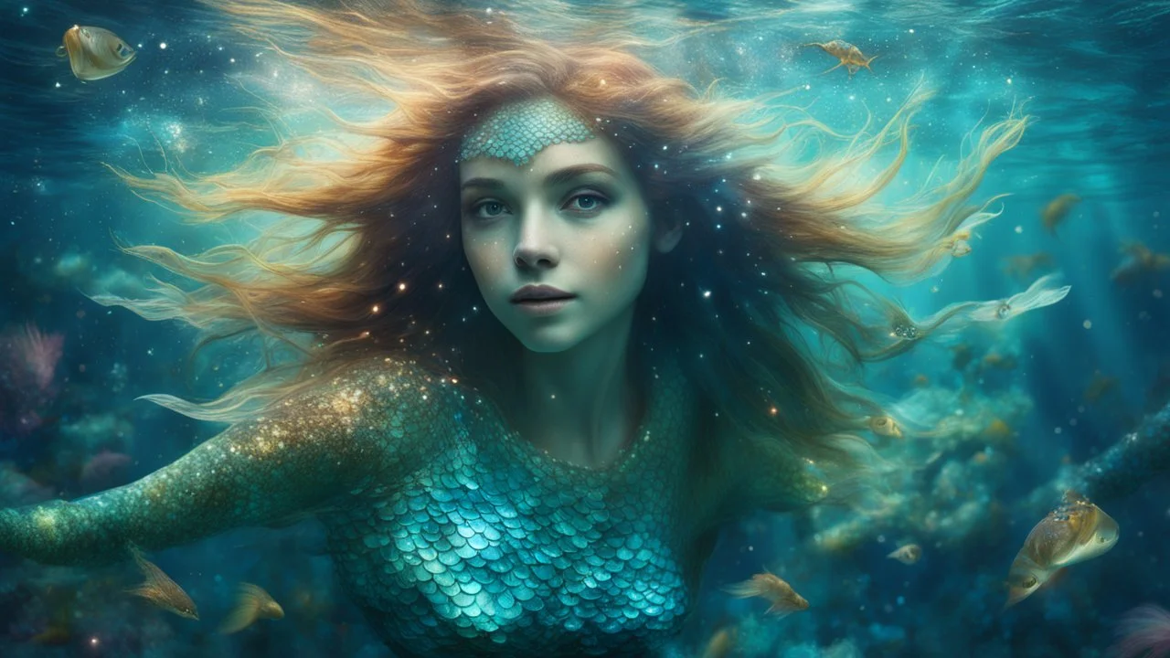 mermaid, beautiful eyes, dancing underwater, scales, double exposure, glare, sparkles, clear lines, detail, fine rendering, high resolution, 64K, photorealism, precise focus, digital painting,