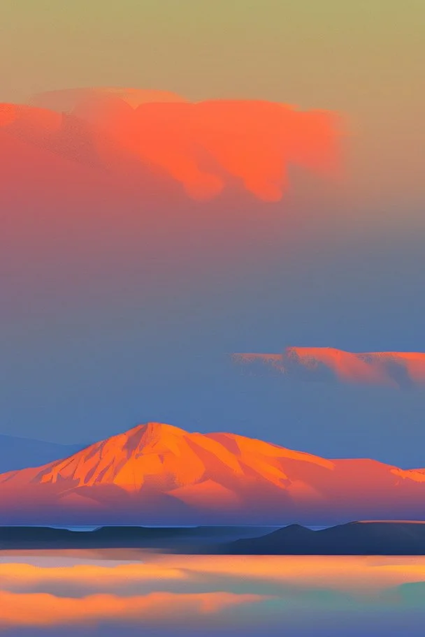 basic paint of big rock mountains with and orange dawn sky with no clouds close montains