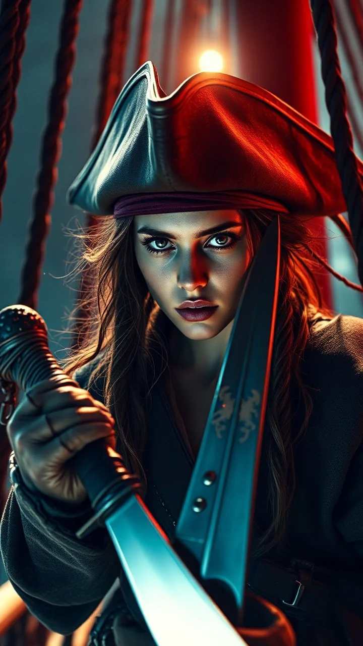 portrait, dynamic lighting, hyper-detailed, intricately detailed, deep shadow, advance shade, real digital art, hyper-realism, 8k resolution, beautifully shot, hyper realistic,perfect cinematic atmospheric adventure,moody, filmic, the face of the pirate girl of she is ready to sail on standing on a rob ladder with her sword on that ship, along with other pirates with knifes ,V-RAPTOR XL 8K RED