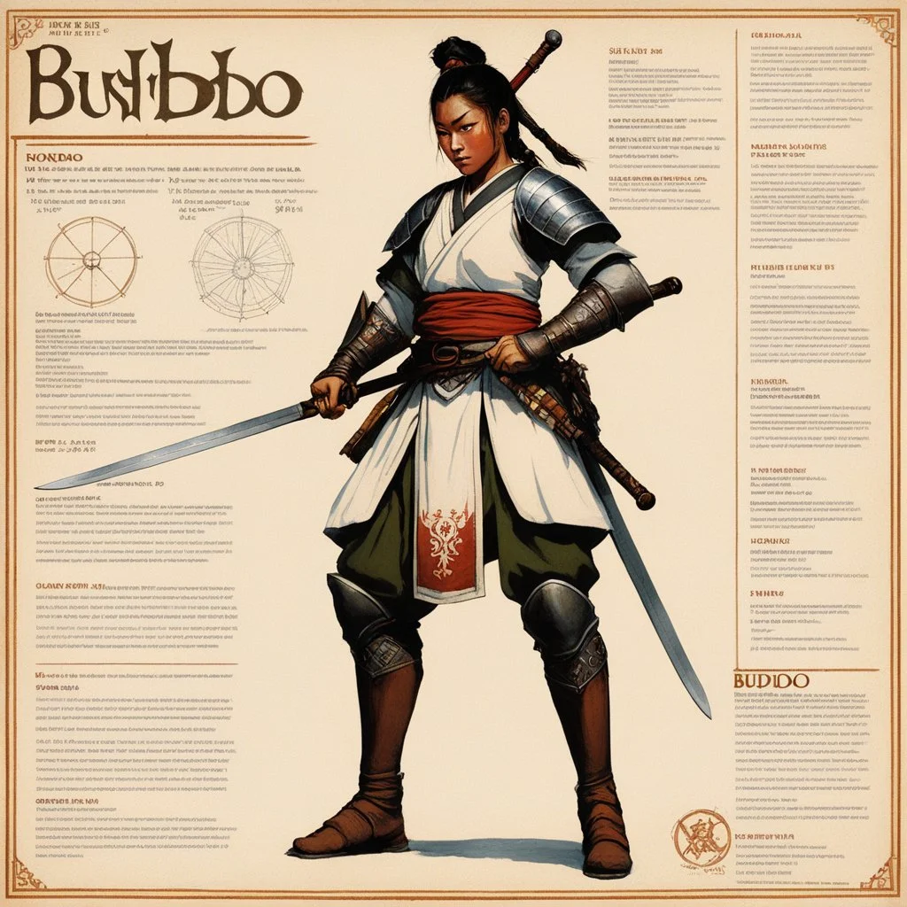 character concept sheet with AD&D statistics and characteristics, [high res photo by Norman Rockwell for Bushido] a female medieval warrior adopt a position close to the Japanese Mahami No Nekoashi Dachi (Kokutso Dachi), moving to squat with legs bent, stretching out his arms, one forward with his sword, the other backward, so that the lower part of his body with the folds of his combat robe resembles a fan turned downward