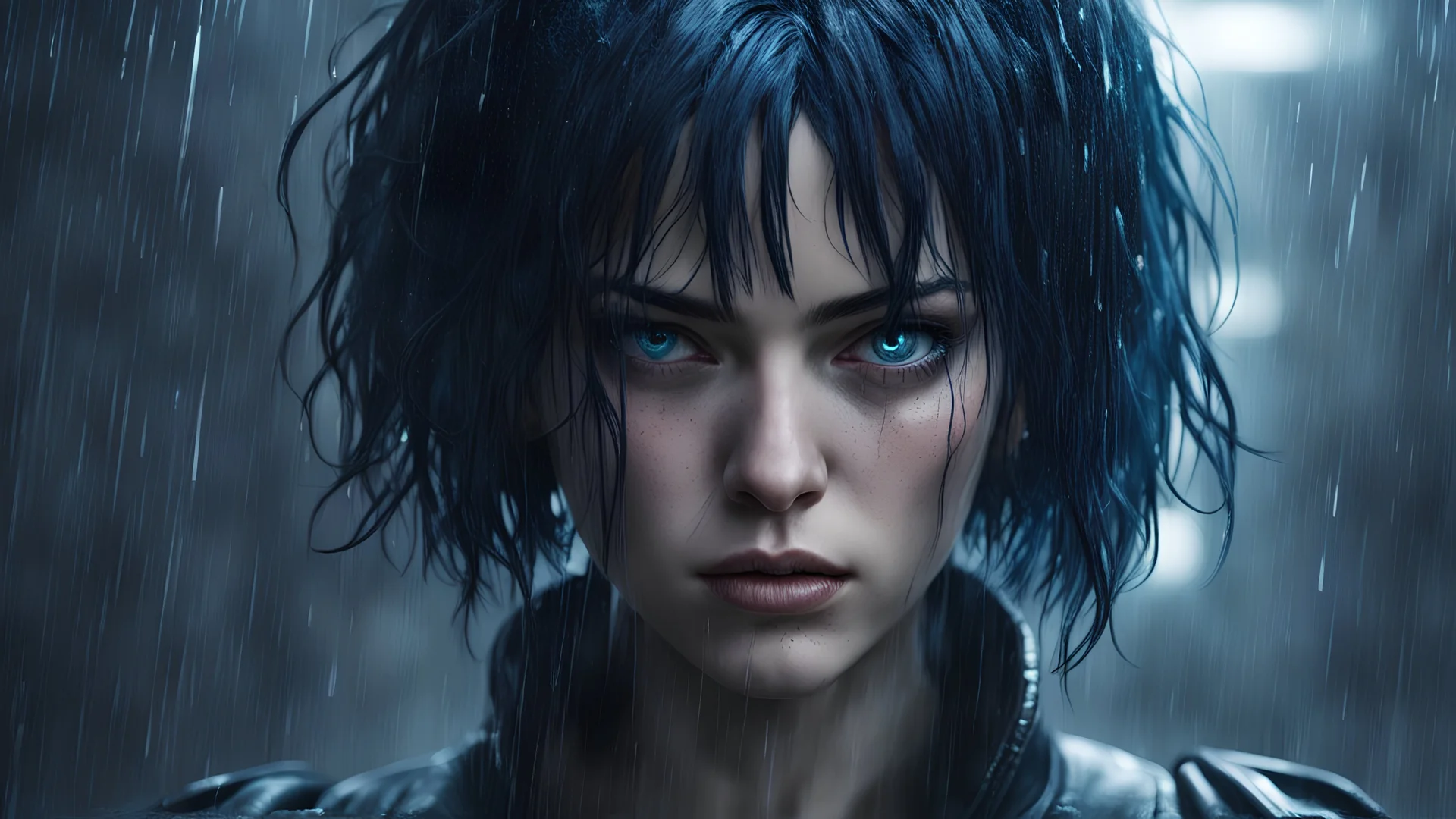 blue-black hair woman, cyberpunk, solo, ghost in the shell, portrait, Rebecca, edgerunners, realistic, rain, dark atmosphere, future, dystropian٫ With a little tattoo٫ With a serious and angry look