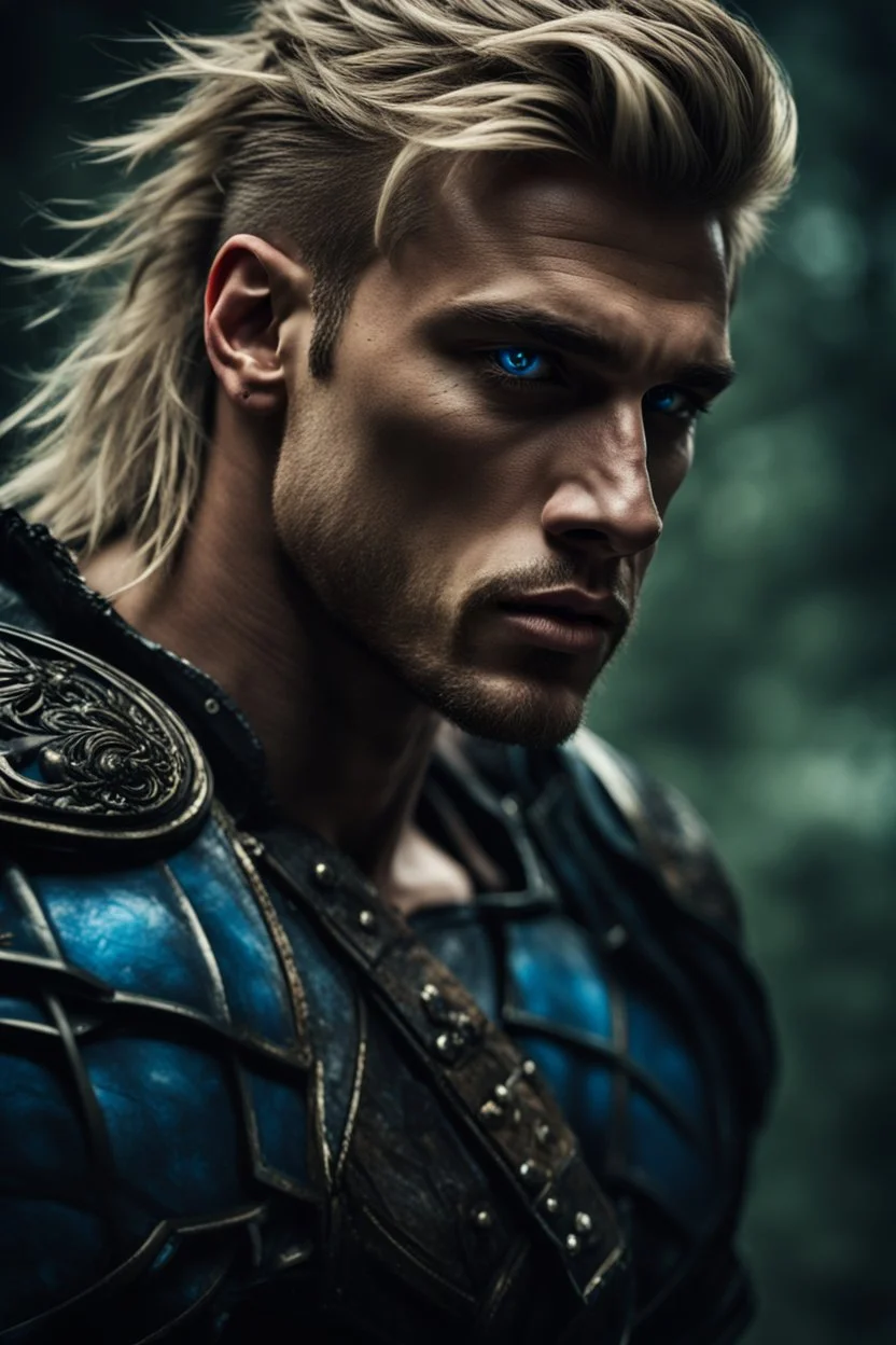 Muscular Alpha male with dirty long blonde undercut hair, and piercing blue eyes. Dark Fantasy dark forest background photo realistic