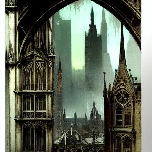 Skyline Gothic bridges between building,Bridges on rooftops, Gotham city,Neogothic architecture, by Jeremy mann, point perspective,intricate detailed, strong lines, John atkinson Grimshaw