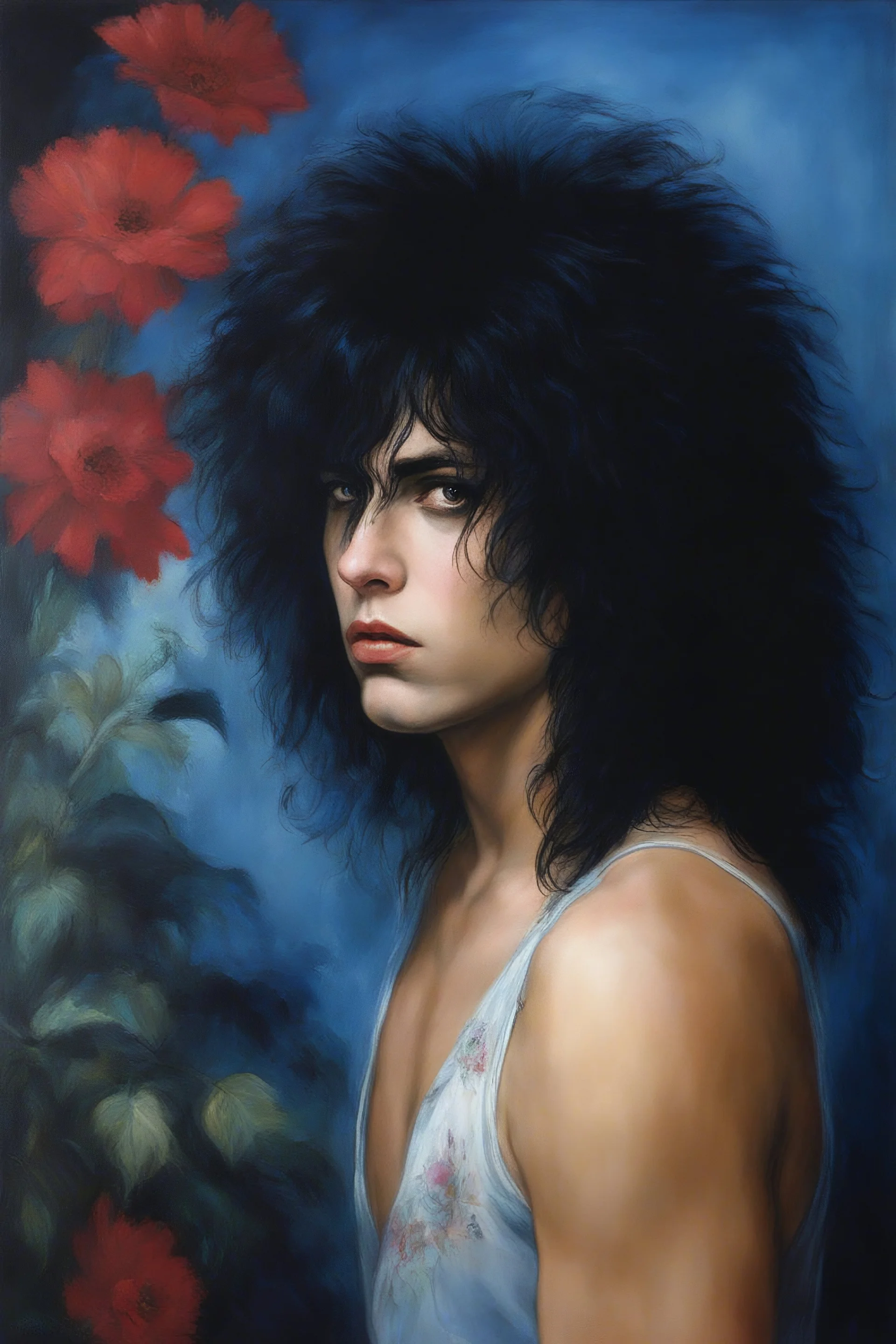 Chiaroscuro lighting, deep shadows, rich deep colors, facial portraits, 1980, 16-year-old Paul Stanley, ((1980's big hair, long, teased up Spikey Motley Crue style hair)), Black hair, facial portraits, foggy, cloudy blue wall with assorted designs and multiple floral arrangements in the background, 4k, 8k, 16k, 32k, 100k UHD, Ultra-Hyper Resolution, dark, sultry eyeshadow, eyeliner, mascara, rouge, lipstick