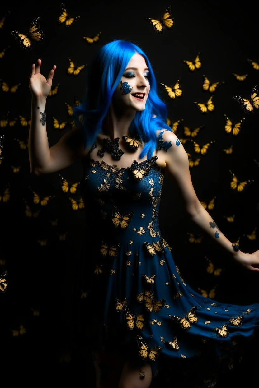 Girl with blue hair in black and gold dress dancing with butterflies