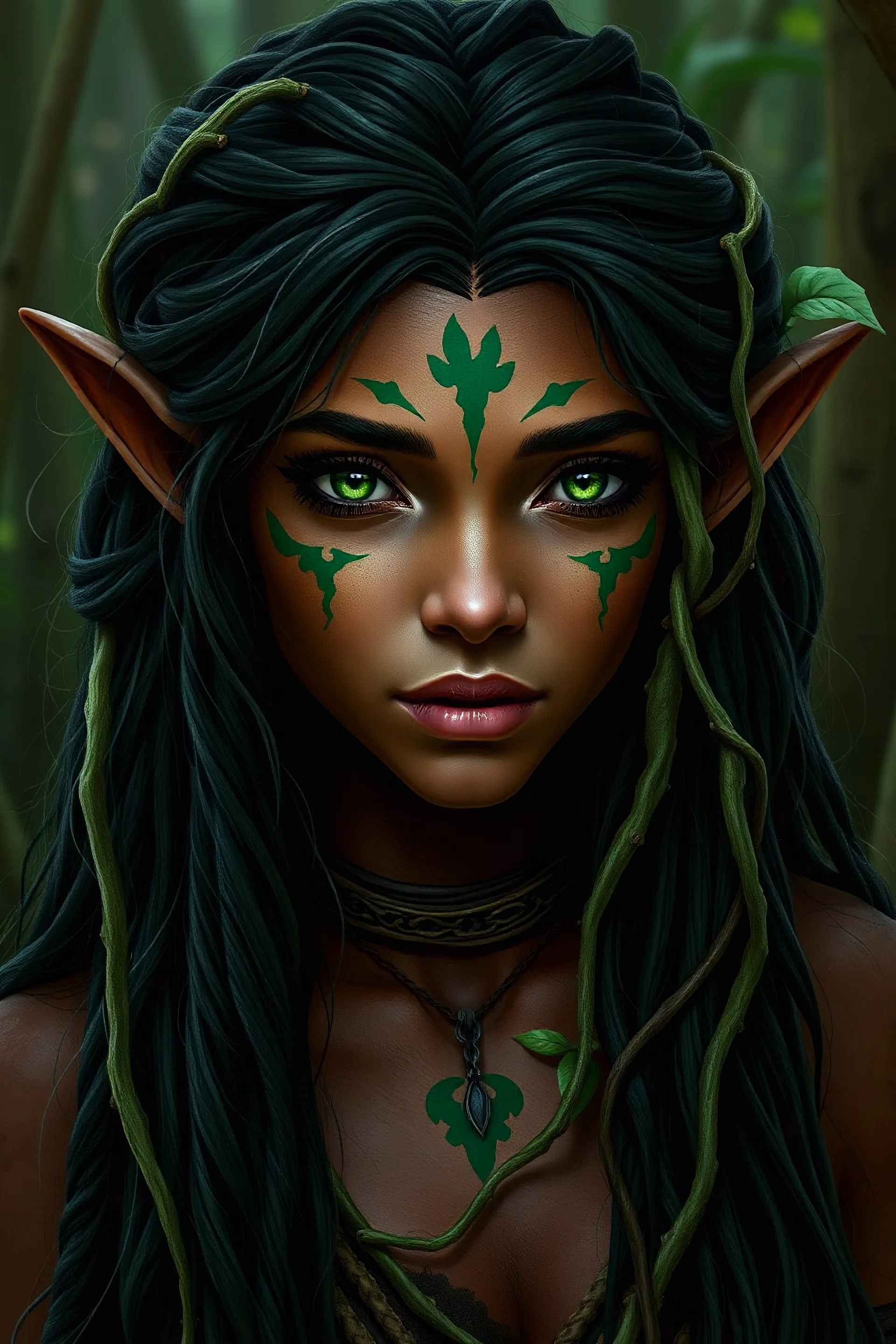 Wood elf druid female. Hair is long and dark green and black some dreads and vines comes out from it. Eyes are noticeably dark green color. Has a green markings on face. Skin color is brown.