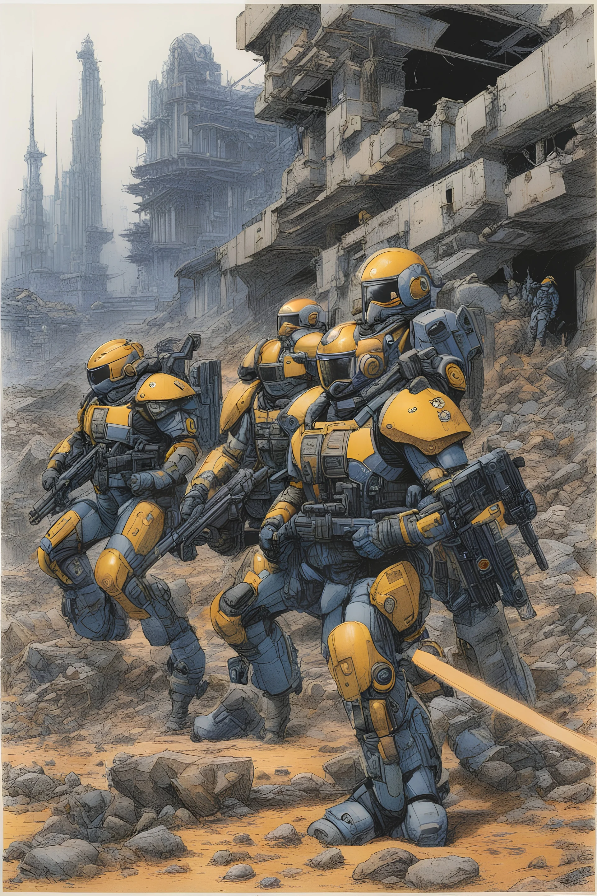 Masamune Shirow, pencil colour drawing of a squad of bioroids in operation on the ground, surrounded by ruins; Appleseed interior page, 1987