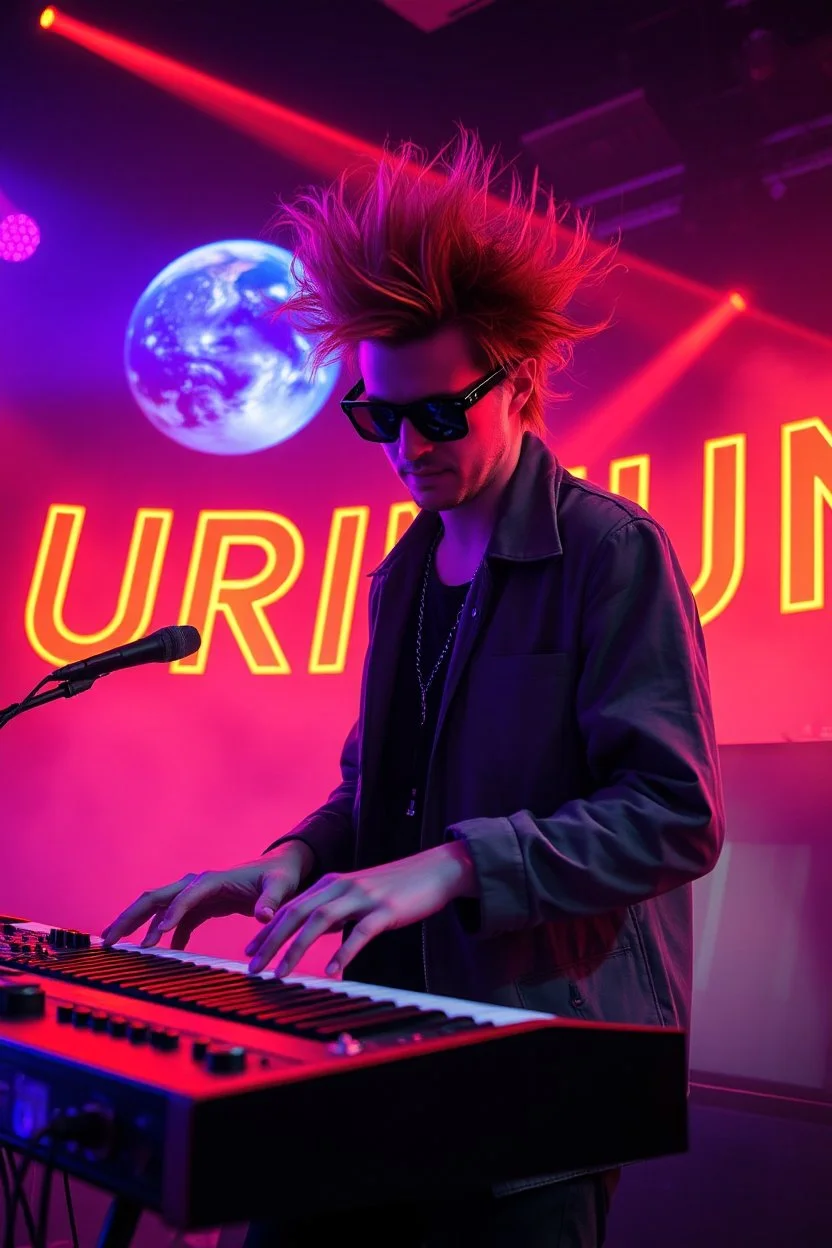 French cool synth player with crazy hair, he is called "Jean-Maurice Brûlée" performing at dance club, his name is "Jean-Maurice Brûlée" , white and orange Neon lights and oraNGE smog, and "URINIUM" big sign on the wall, he is playing on synthesizers on stage with lot of laser beams and wearing black sunglasses, an earth is projected in background